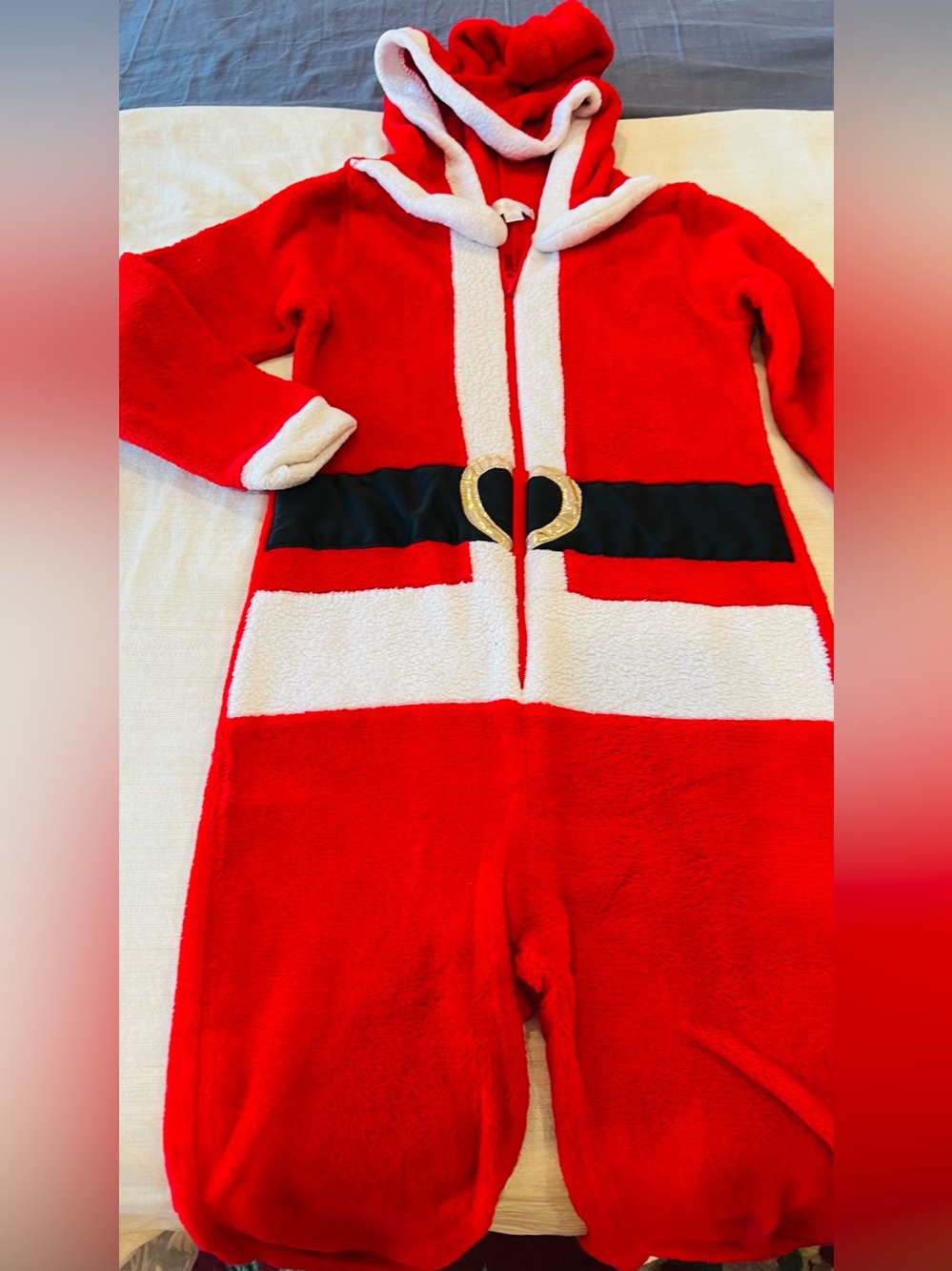 Kids Red Santa Hooded One-Piece Pajamas with Belt Detail size 7